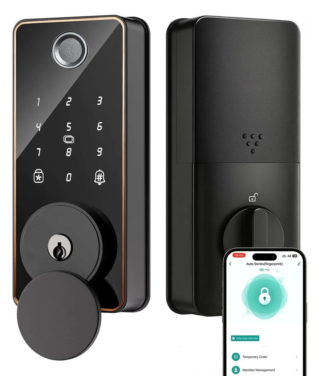 Black rectangular smart deadbolt with touchscreen keypad and fingerprint sensor, metal finish