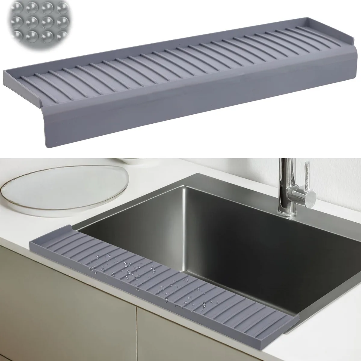 Grey silicone sink edge protector with suction cups, shown in 14 20 24 30 inch lengths