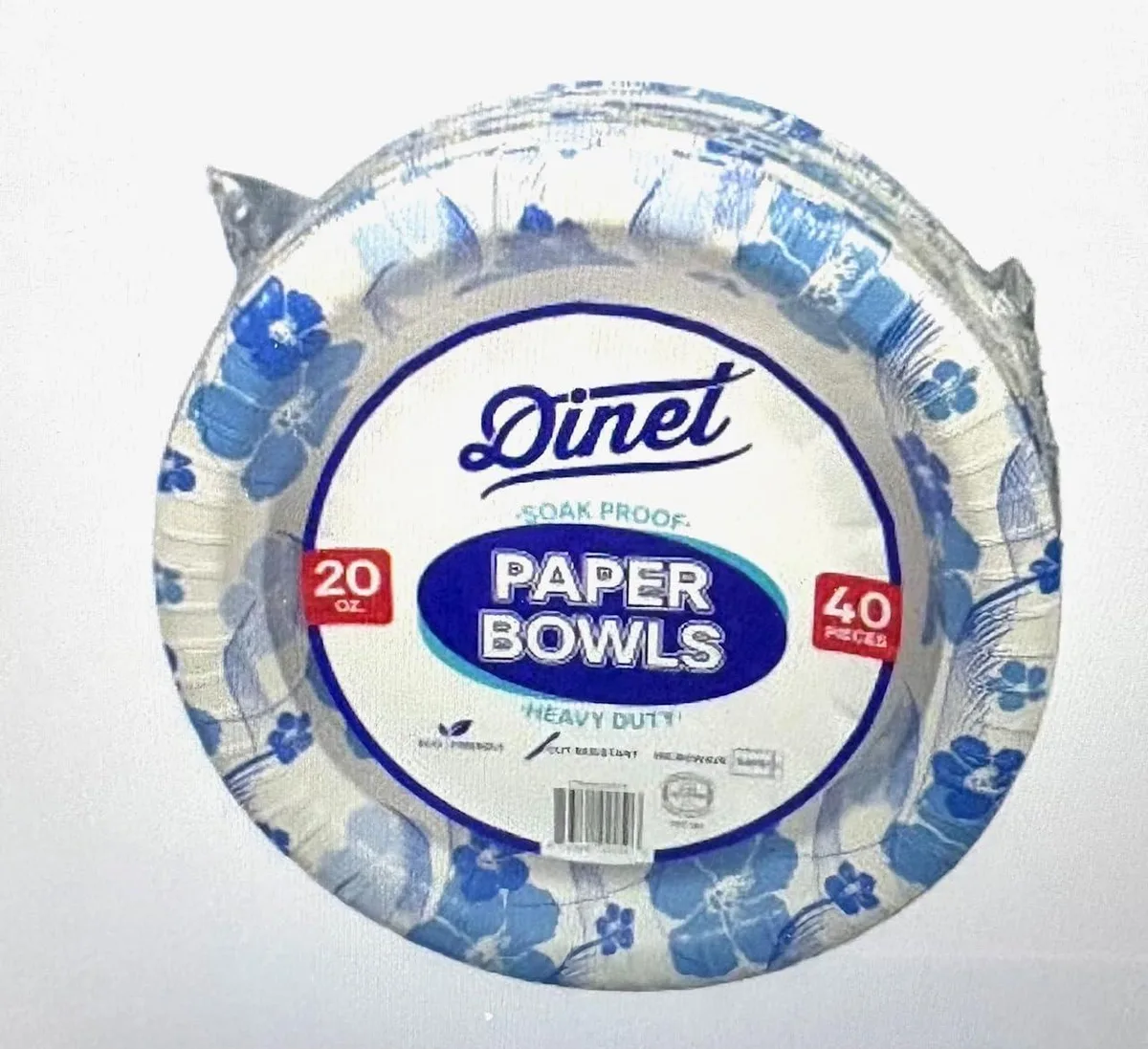 White paper bowl with blue floral design, 20oz capacity, round shape