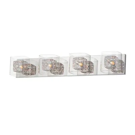 Polished chrome vanity light with intertwined metal and crystal cubes, 31 inches wide