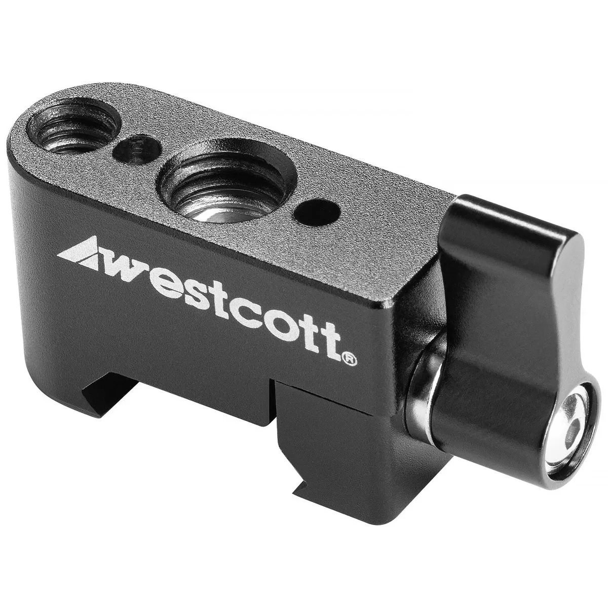 Small silver aluminium NATO rail clamp with 1/4"-20 and 3/8"-16 threads