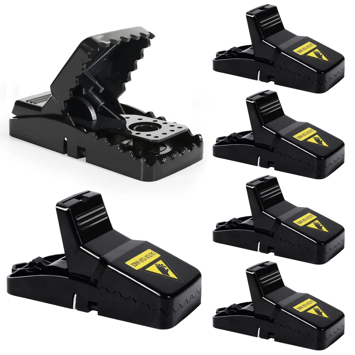 Six white plastic snap traps with yellow bait cups and metal springs