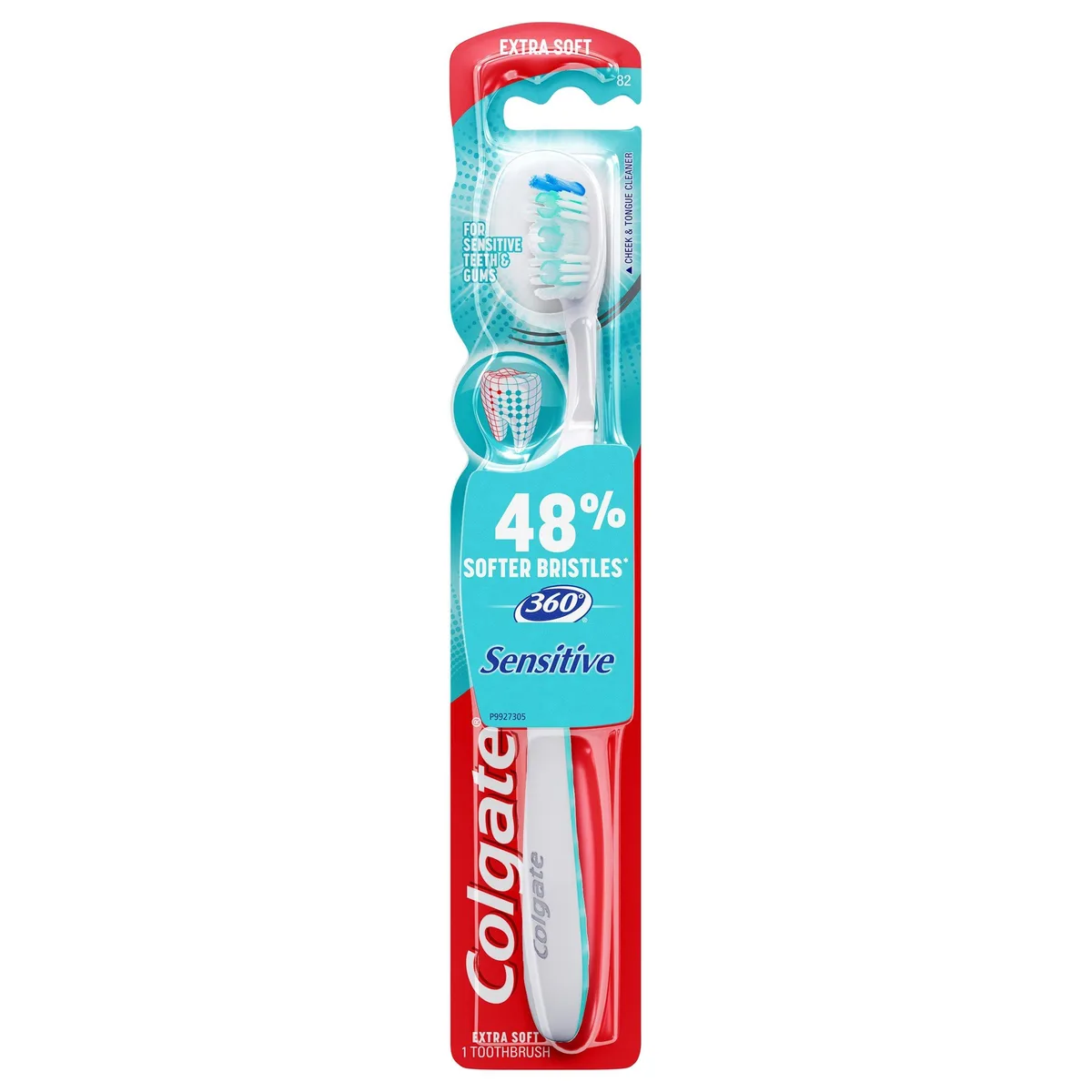 White Colgate 360 manual toothbrush with extra-soft bristles, cheek and tongue cleaner, ergonomic handle