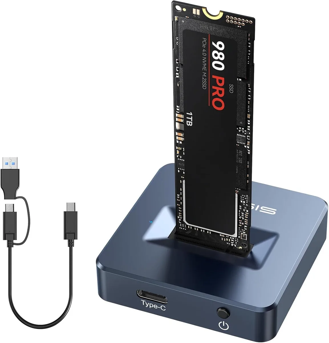 Dark gray aluminium M.2 NVMe SATA to USB-C adapter, toaster-style open design