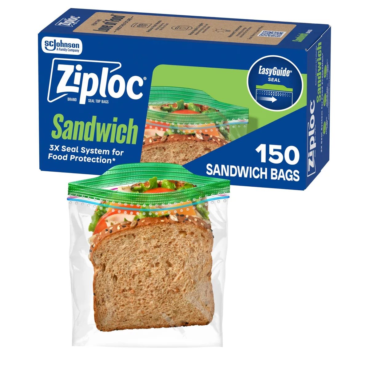 Clear plastic sandwich bags in rectangular box, 150 count