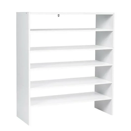 White three-piece stackable shoe rack, each 31 by 12 by 12 inches, stacked 36 inches high
