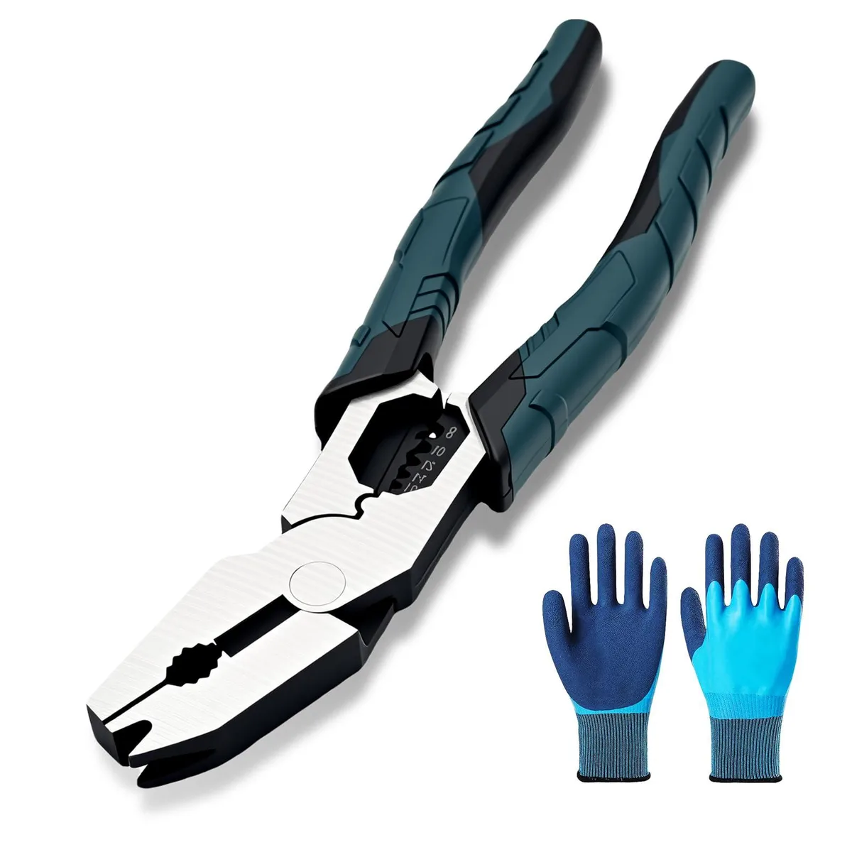 Twelve black cutting pliers with V-shaped heads and dual-material handles in a row