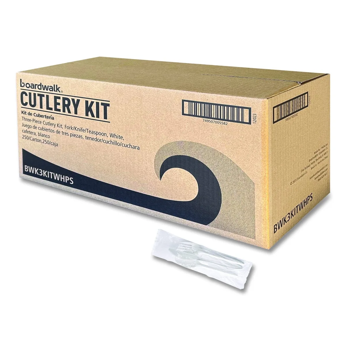 Three white polystyrene cutlery kits with fork knife spoon