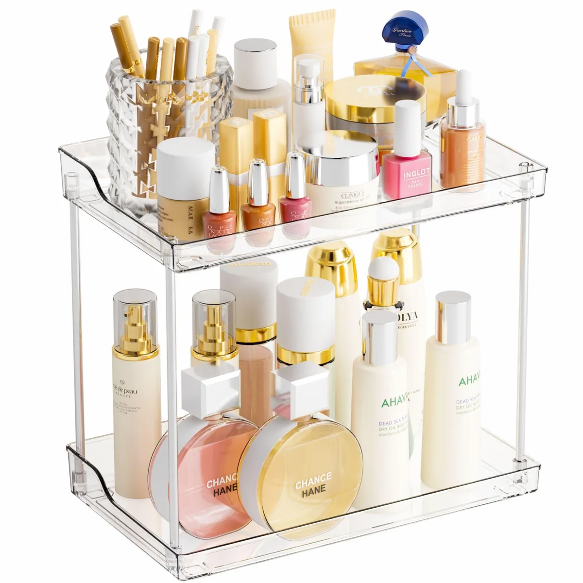 Two-tier chrome-finished shelf with clear trays, 6.6 by 11.1 by 9.9 inches