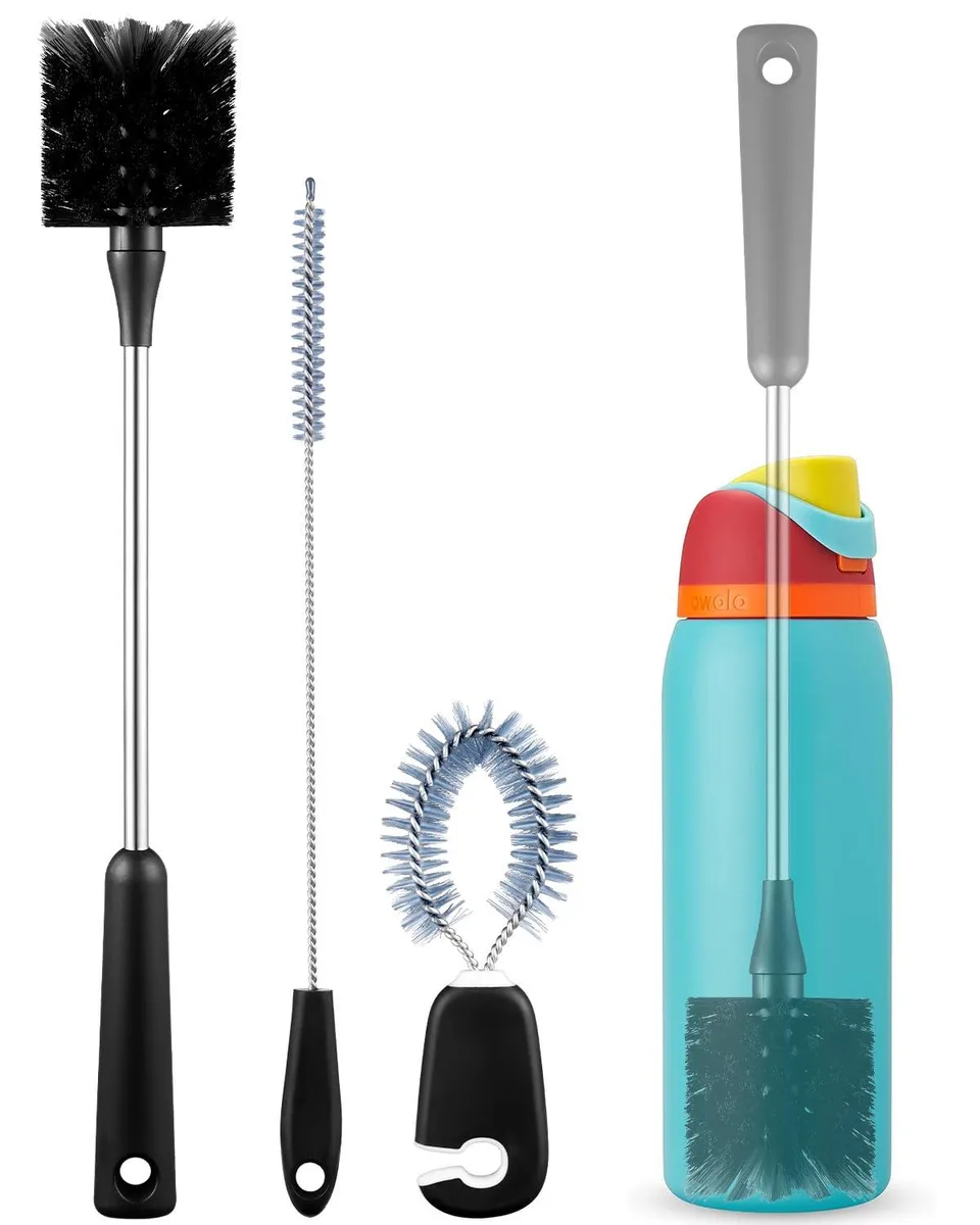 Three long-handled bottle brushes with stainless steel handles and nylon bristles on a storage ring