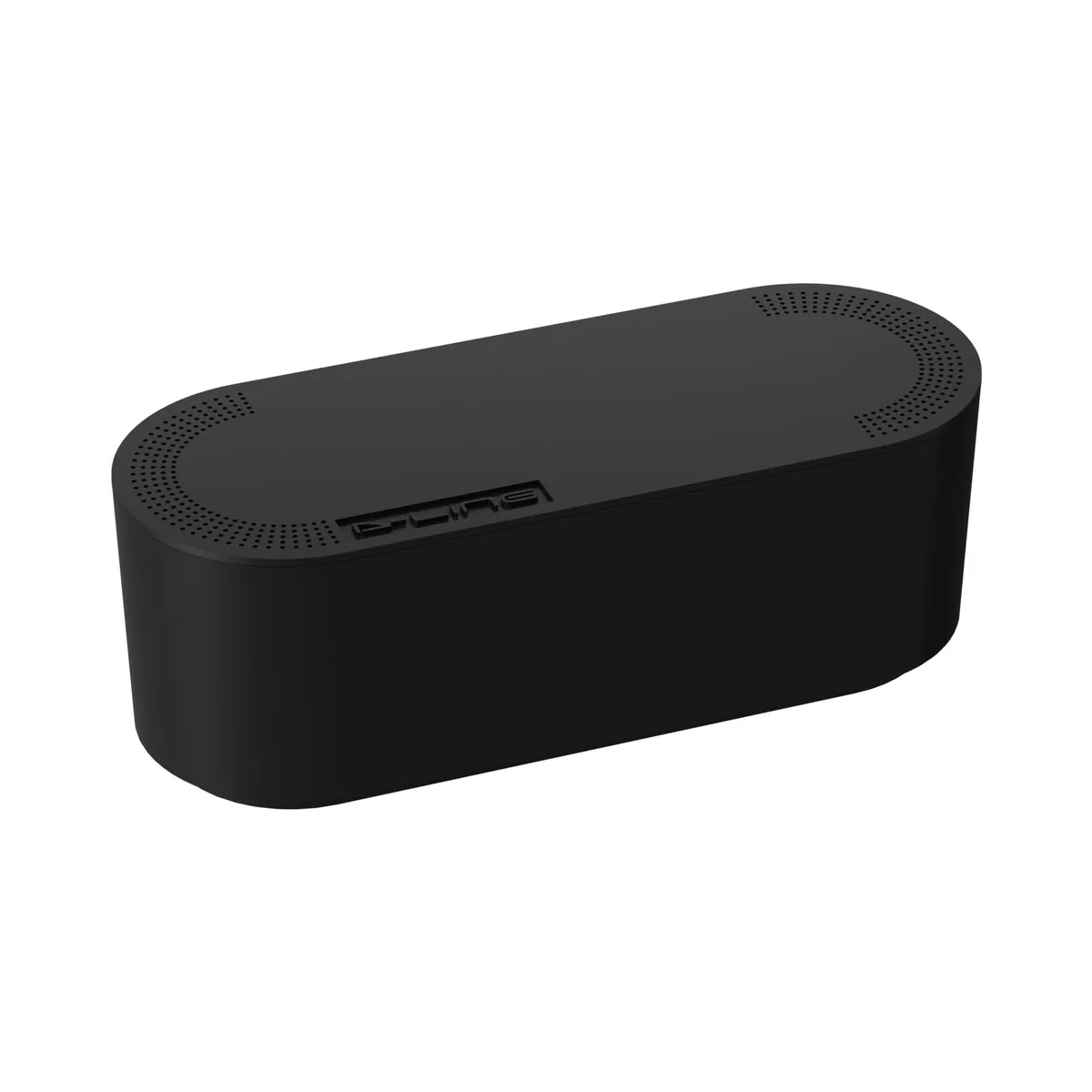 Small black plastic cable management box with curved edges and rear slots