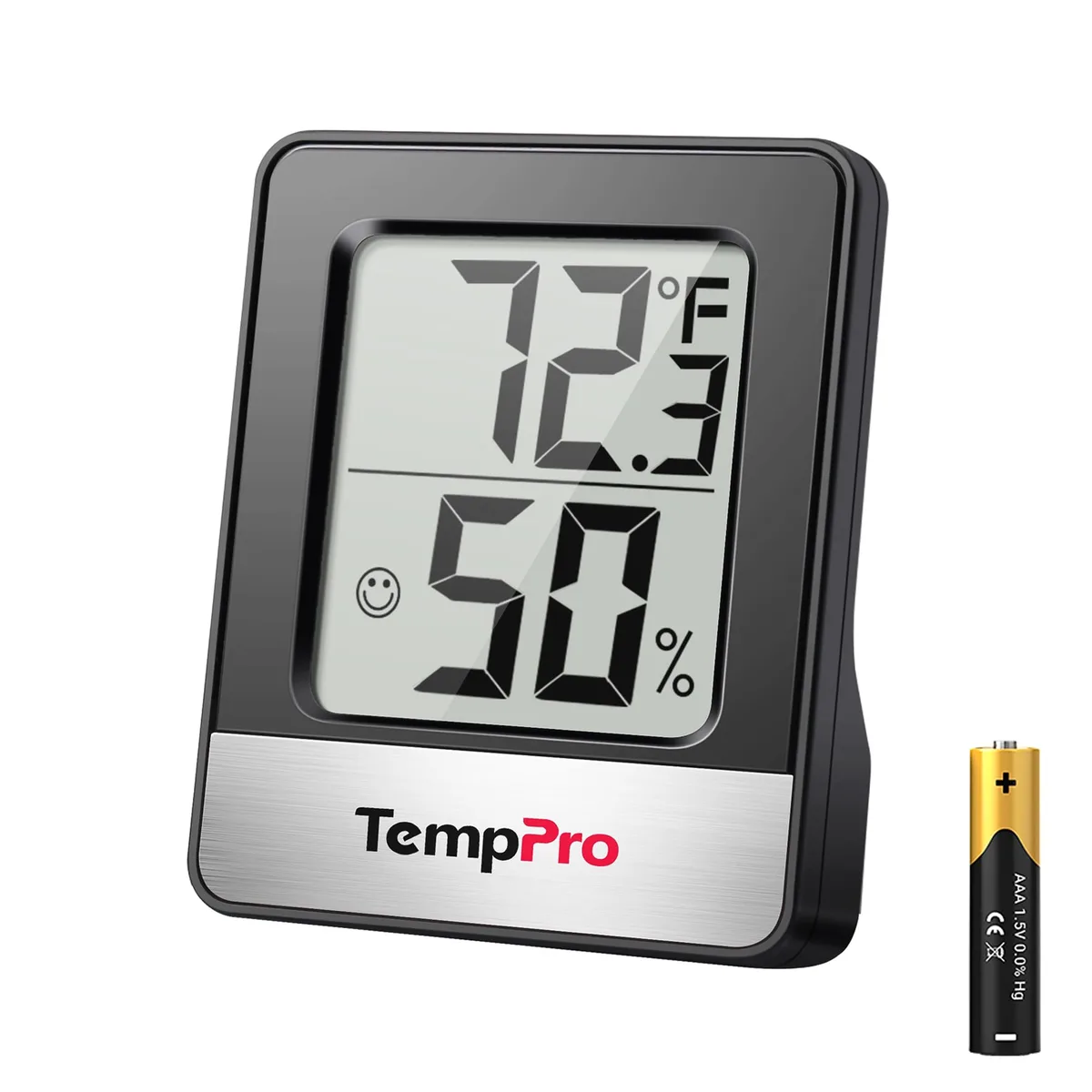 Small black rectangular digital hygrometer thermometer with LCD display and comfort icons