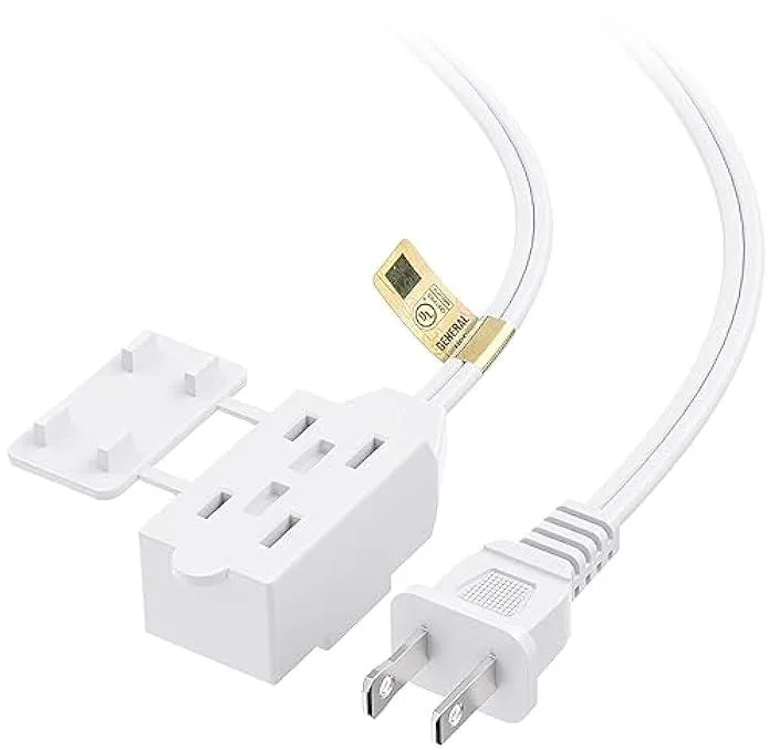 White flat extension cord 25 ft long with three two prong outlets and a polarized plug