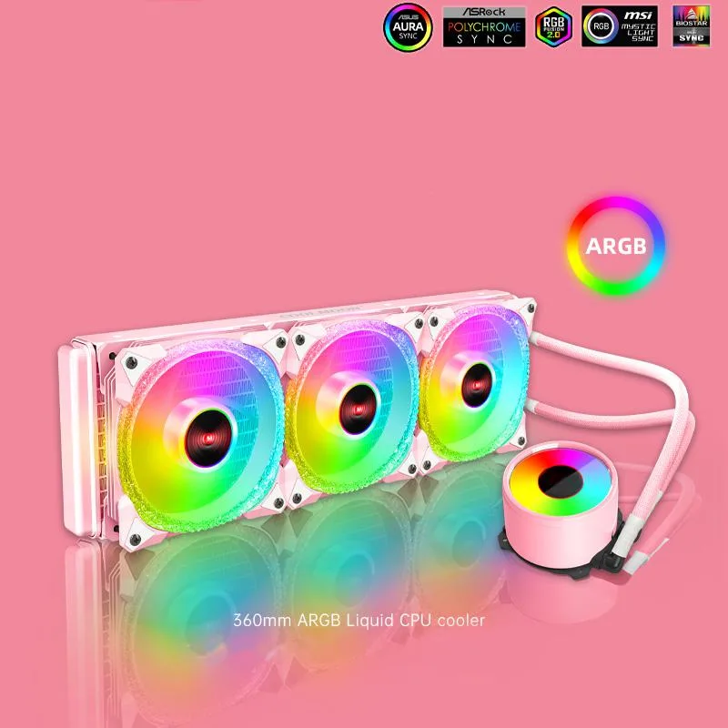 Pink 360 mm AIO radiator with three 120 mm fans and ARGB pump block