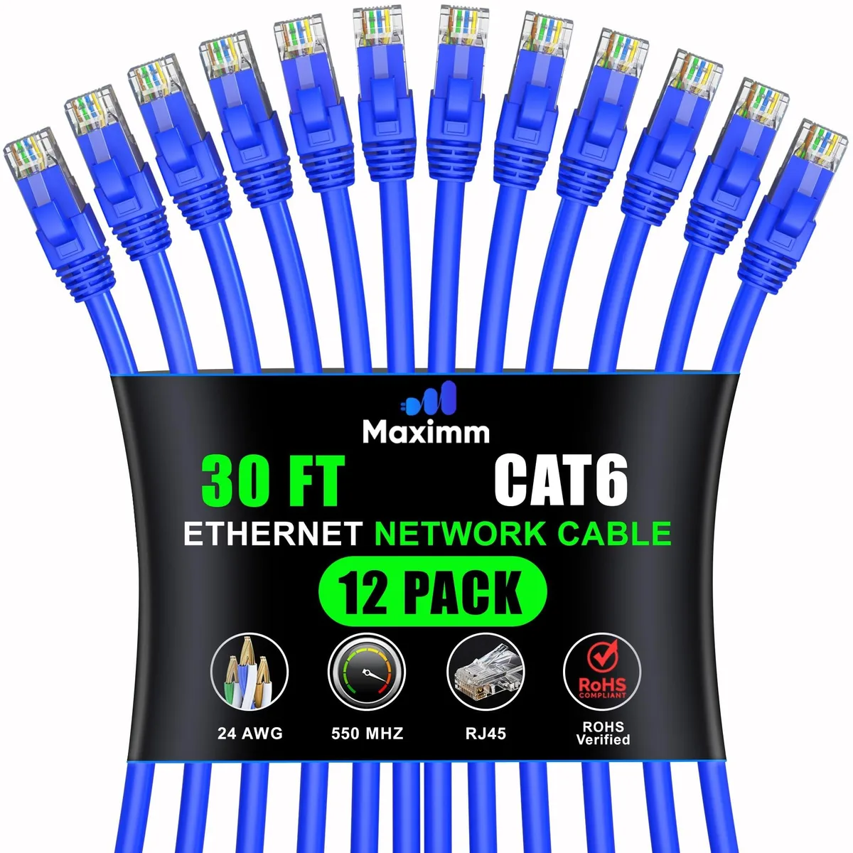Twelve blue Ethernet cables coiled together, each thirty feet long with gold RJ45 ends