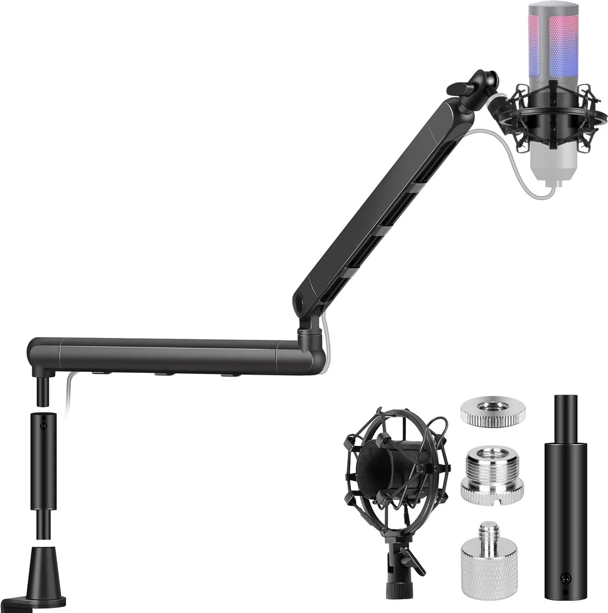 BFKK BFKK Mic Stand Boom Arm Low High Profile 3.5in Extension Pole Clamp Cable Management 2 Clips — product photo