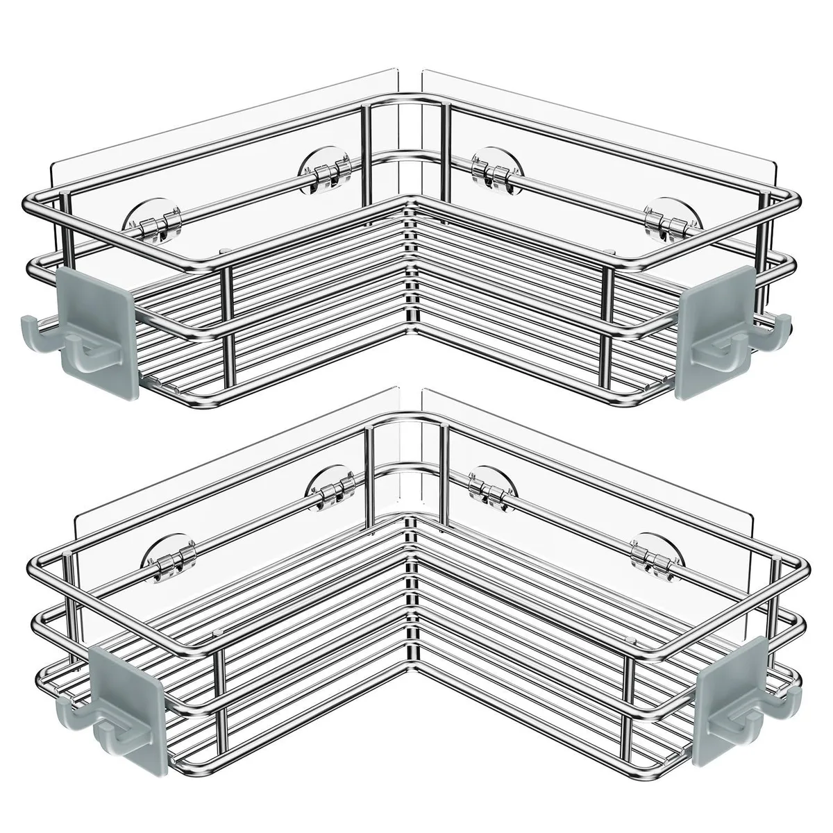 Two polished stainless steel L-shaped corner shower caddies with adhesive mounting