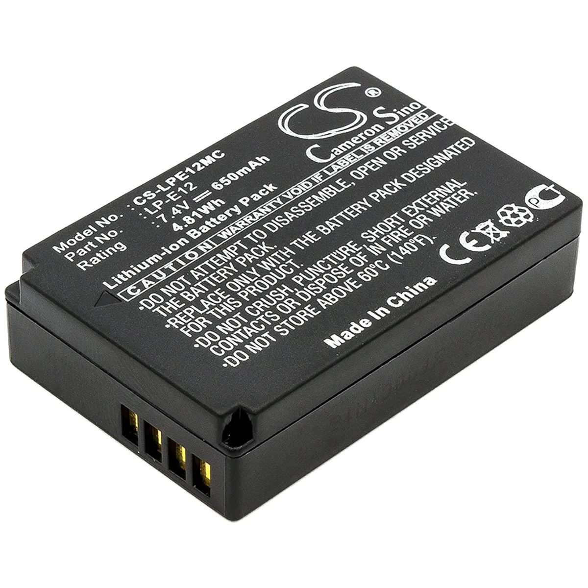 Rectangular black lithium-ion camera battery, 48.5 by 32.1 by 12.7 mm