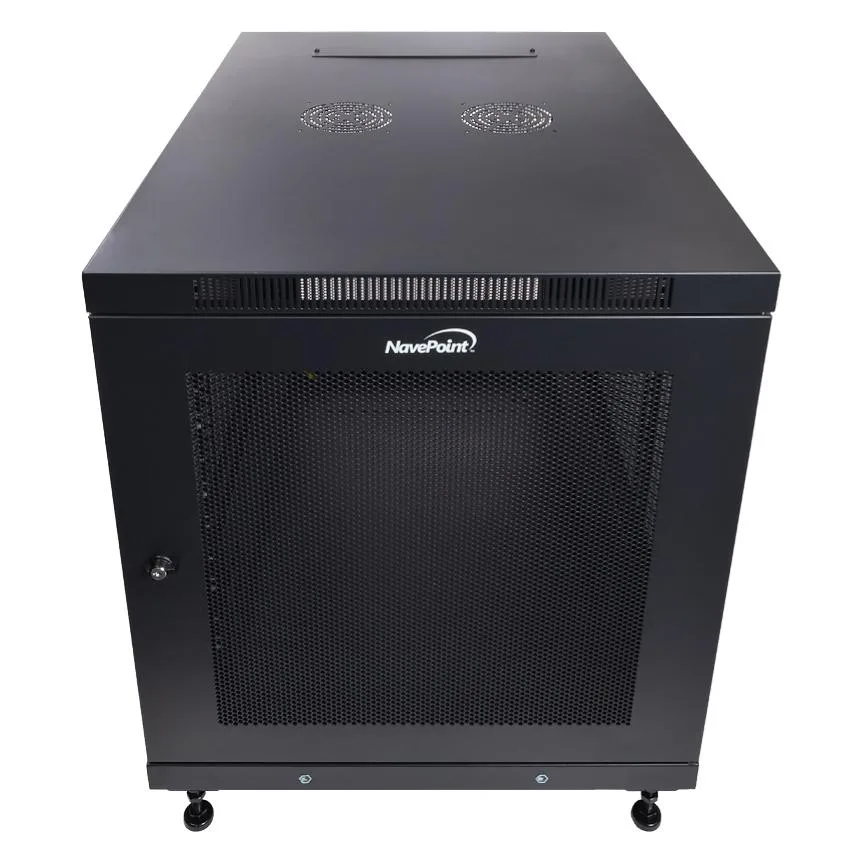 Black 12U rolling server rack, 33 inches deep, perforated locking front door, side panels, casters and leveling feet
