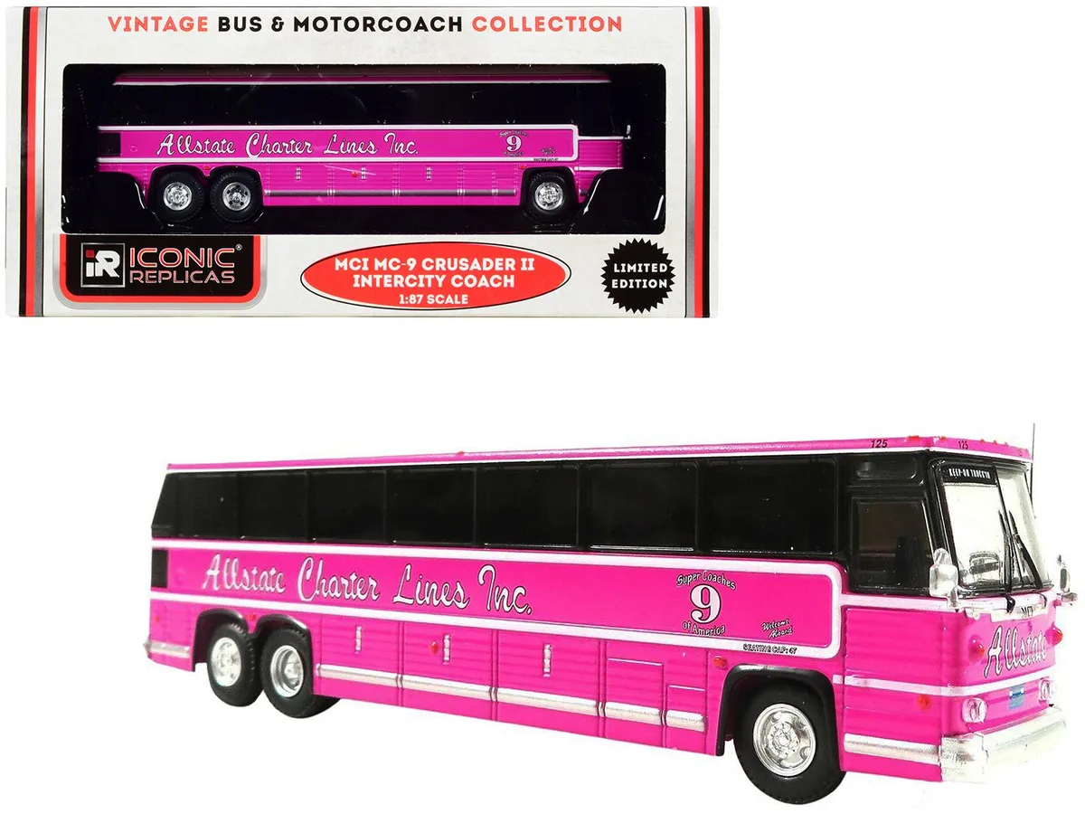 Iconic Replicas Iconic Replicas 1980 MCI MC-9 Crusader II Pink Allstate Charter Lines 1/87 Hobby Collectible — product photo