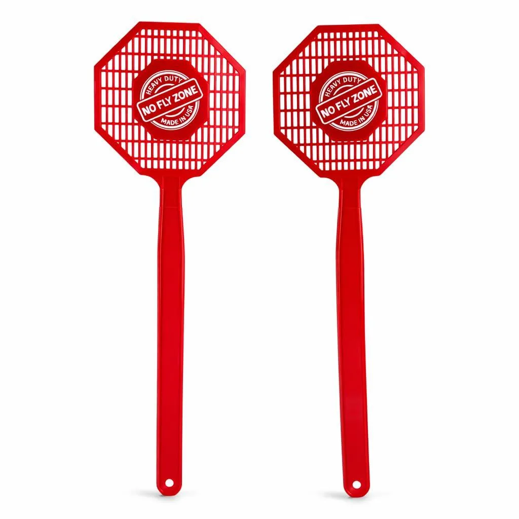 Two white plastic fly swatters with perforated octagonal heads and long handles
