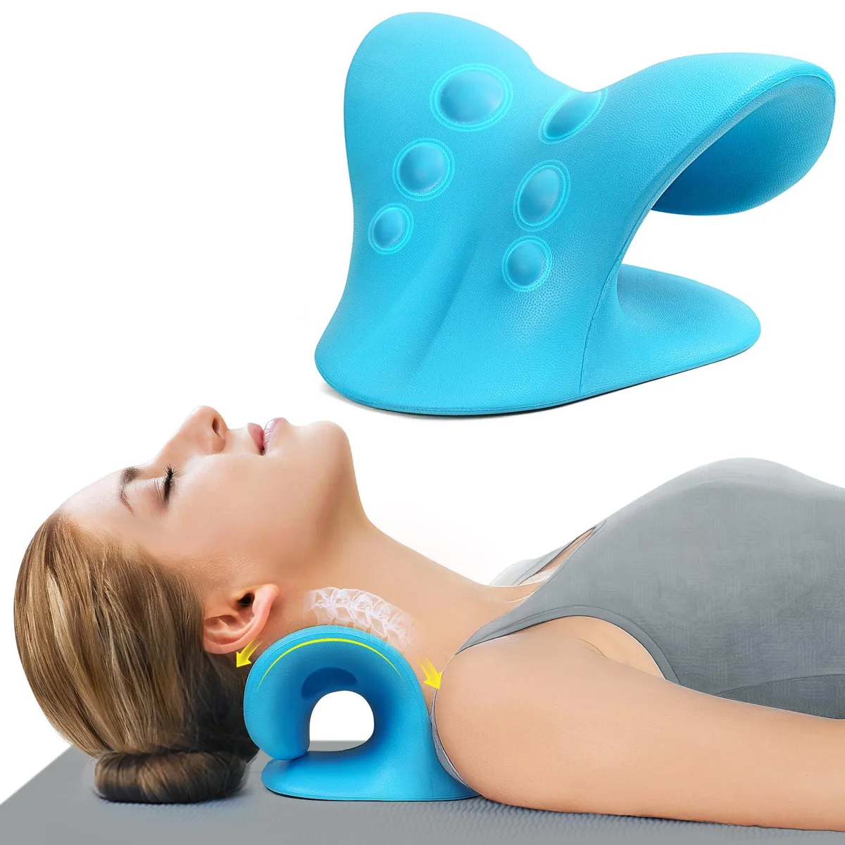 Blue C-curve neck stretcher in self-skinning foam, 8.5 by 6.5 by 4.5 inches