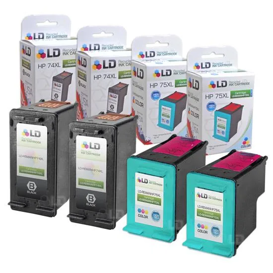 LD Products LD Products HP 74XL &amp; 75XL Remanufactured Ink Cartridge 4-Pack (2 Black, 2 Color) — product photo