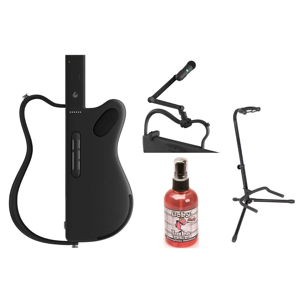 Black foldable stringless guitar with travel case, wireless microphone set, tripod stand and sanitizer