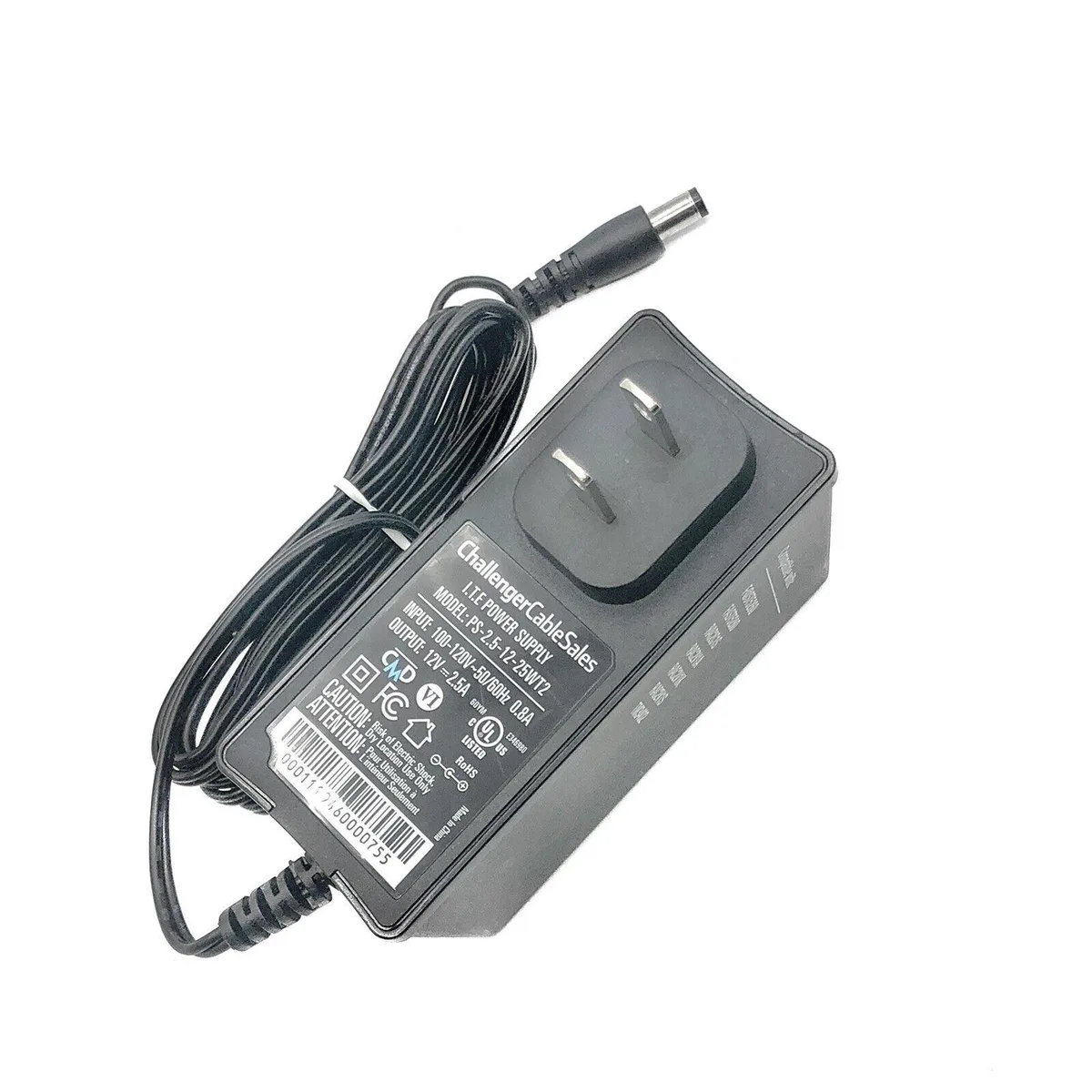 Compact black rectangular power adapter with 5.5 by 2.5 mm barrel connector