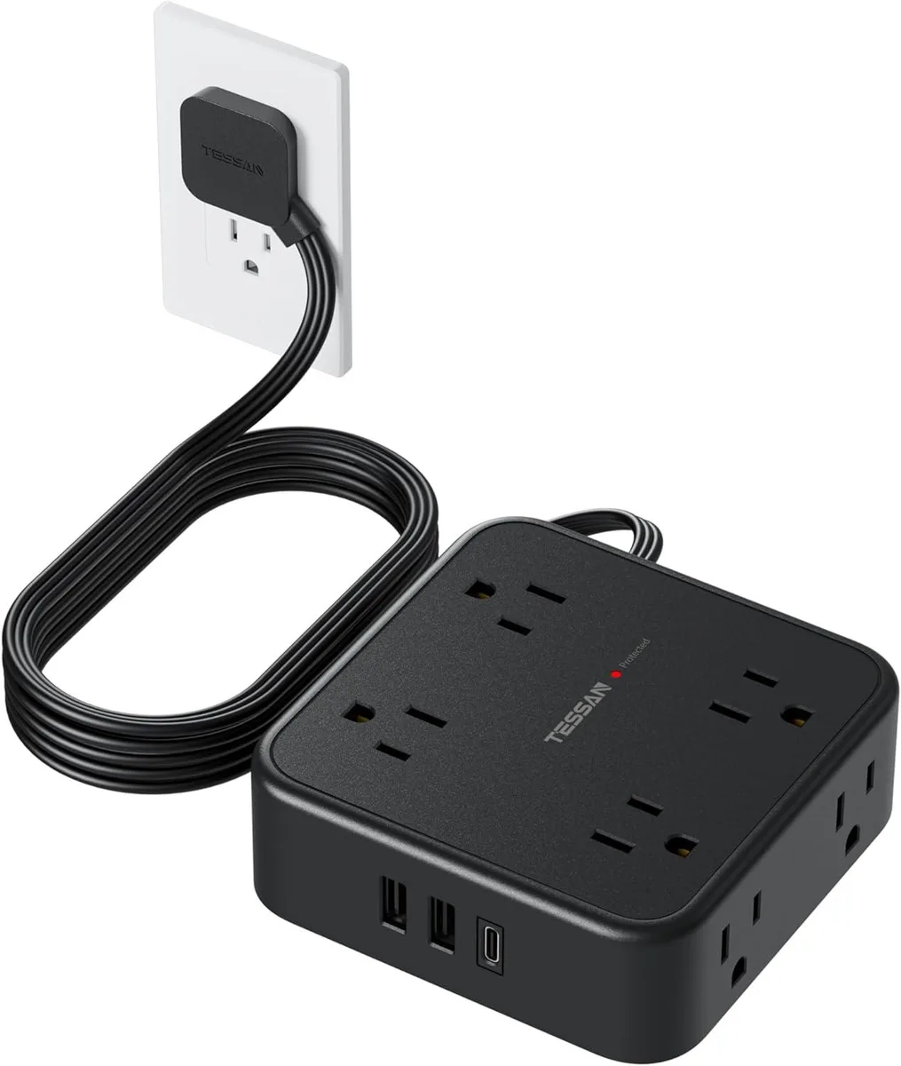 Black power strip with eight AC outlets and three USB ports, flat .35in plug, 5ft cord