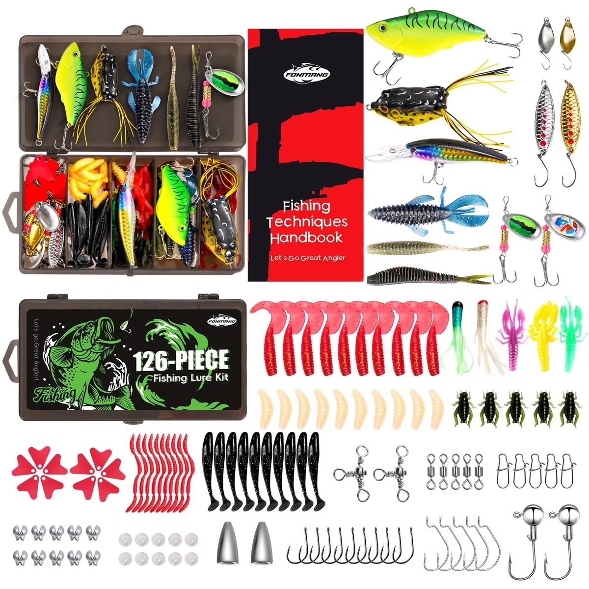 FONMANG 126pcs fish attractant kit 126 pieces 17 lure types 13 accessories 18cm x 9.5cm box — product photo