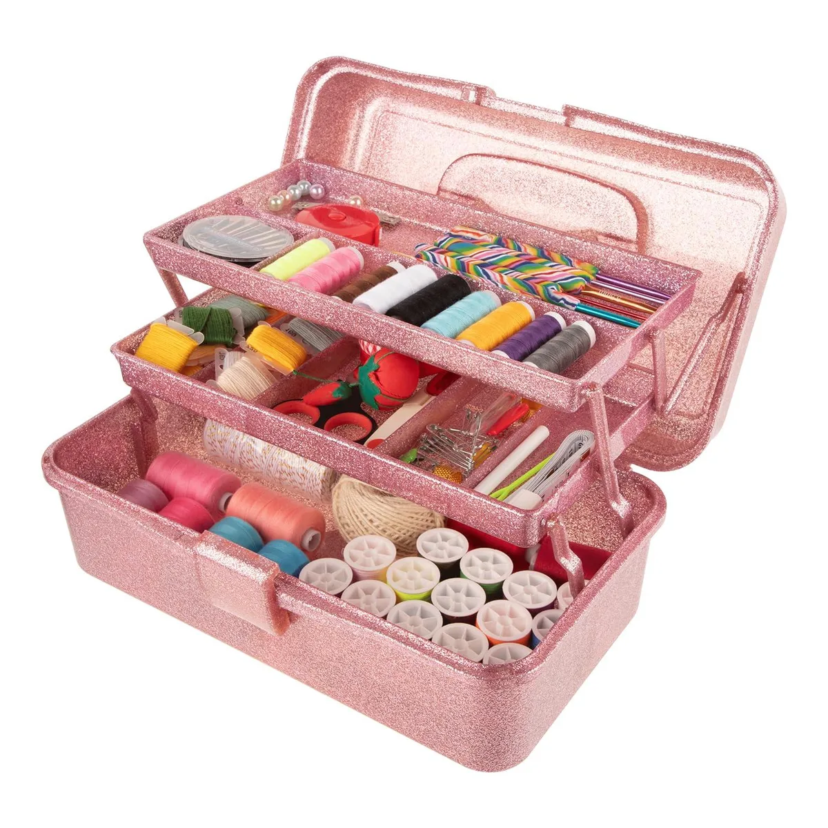 Glitter pink three-layer plastic storage box with handle, 12.2x6.7x5.5in, 12 pack