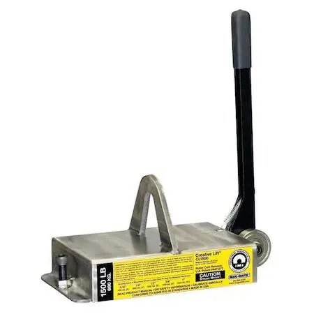 Rectangular red lifting magnet with black 16 in pry-off handle and top bail