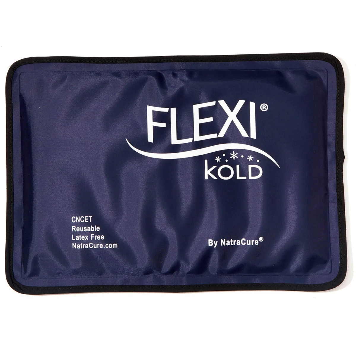Medium rectangular gel cold pack in blue nylon, 7.5 by 11 inches, pliable when frozen