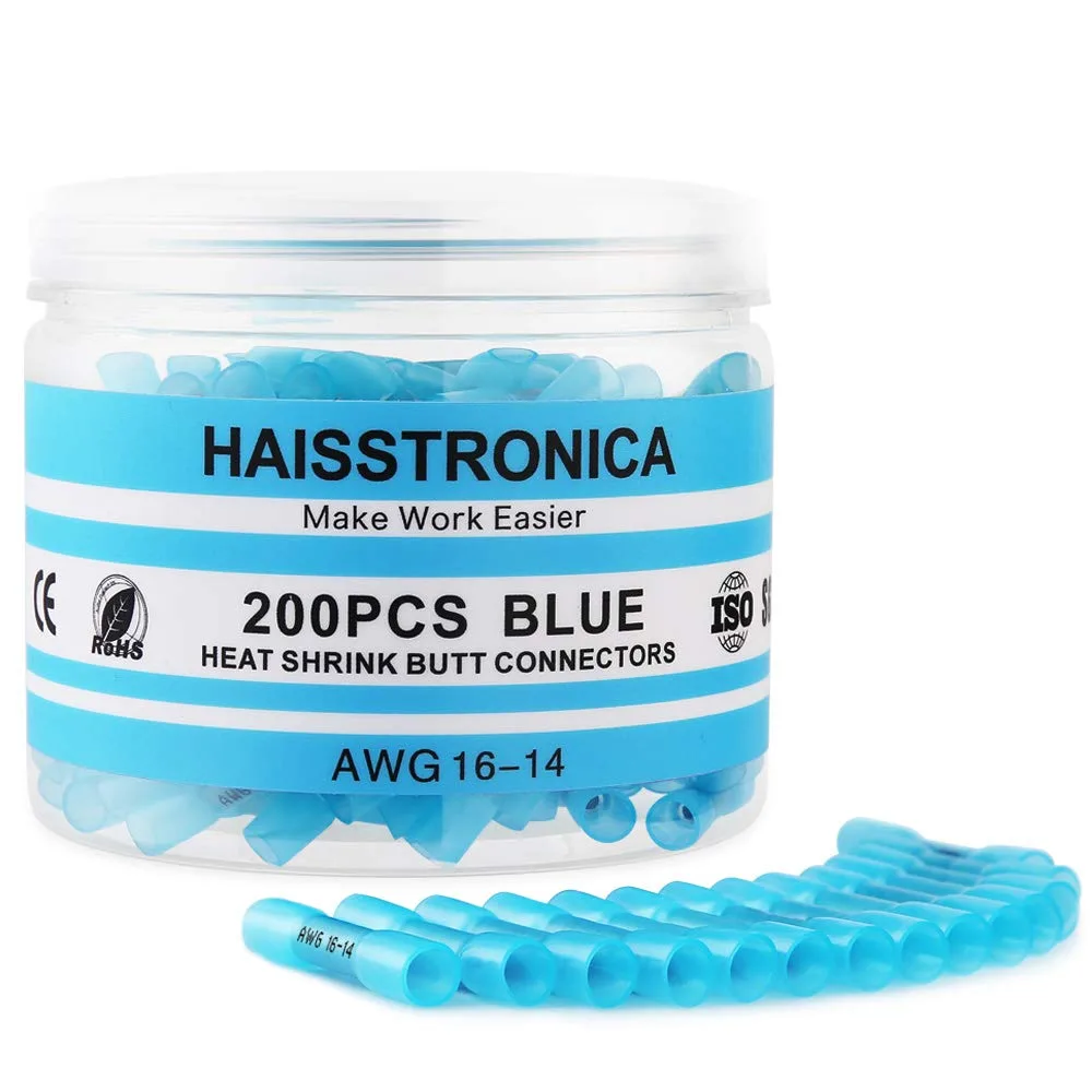  HX-1025 200PCS 16-14 AWG Blue Heat Shrink Butt Connectors — product photo