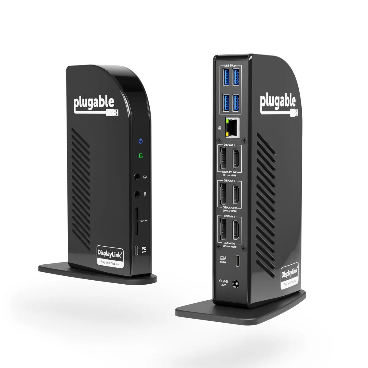 Rectangular black docking station with multiple ports visible on front and back