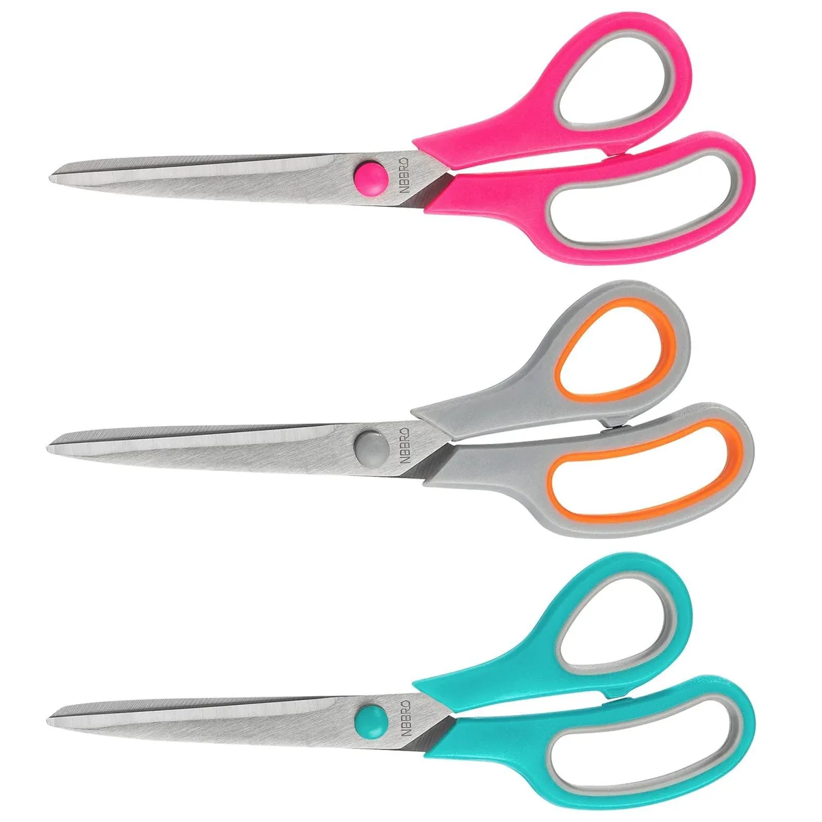Three stainless-steel scissors 8.5 inches long with soft-grip handles
