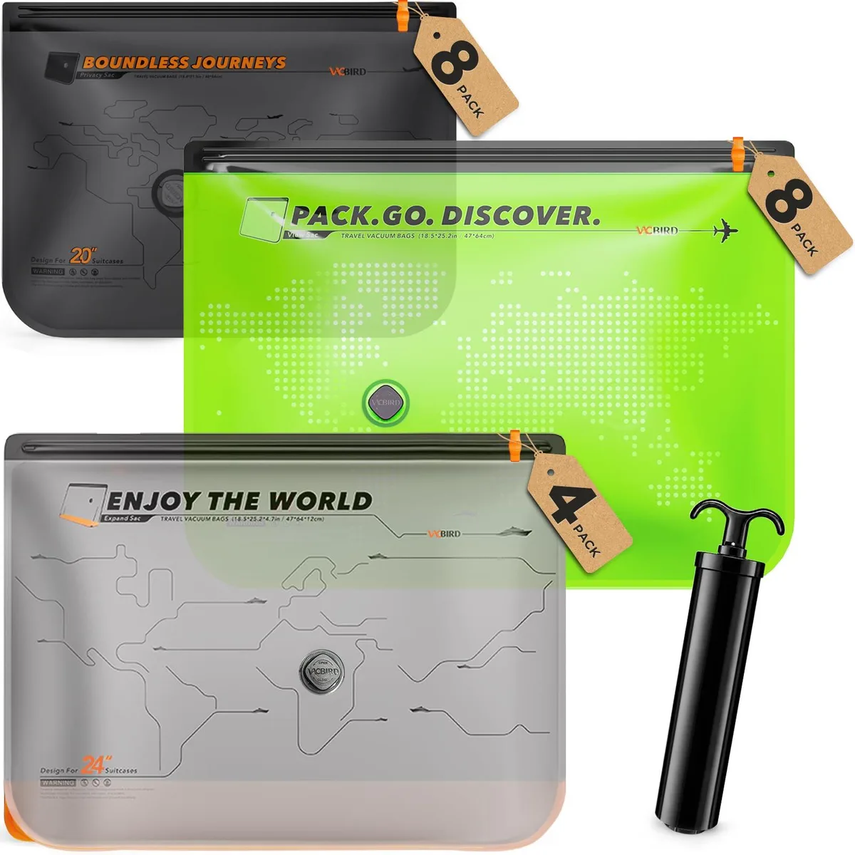 Twenty black and green nylon vacuum bags with a hand pump