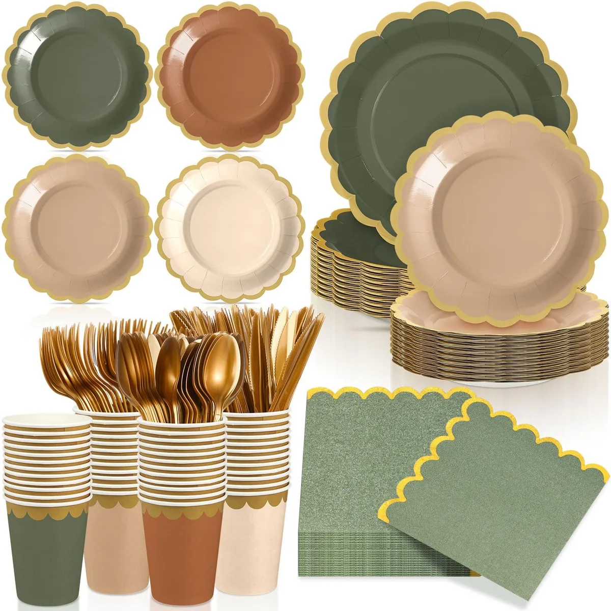 Sage green and brown scalloped paper plates, napkins, cups and gold plastic cutlery for 24 guests