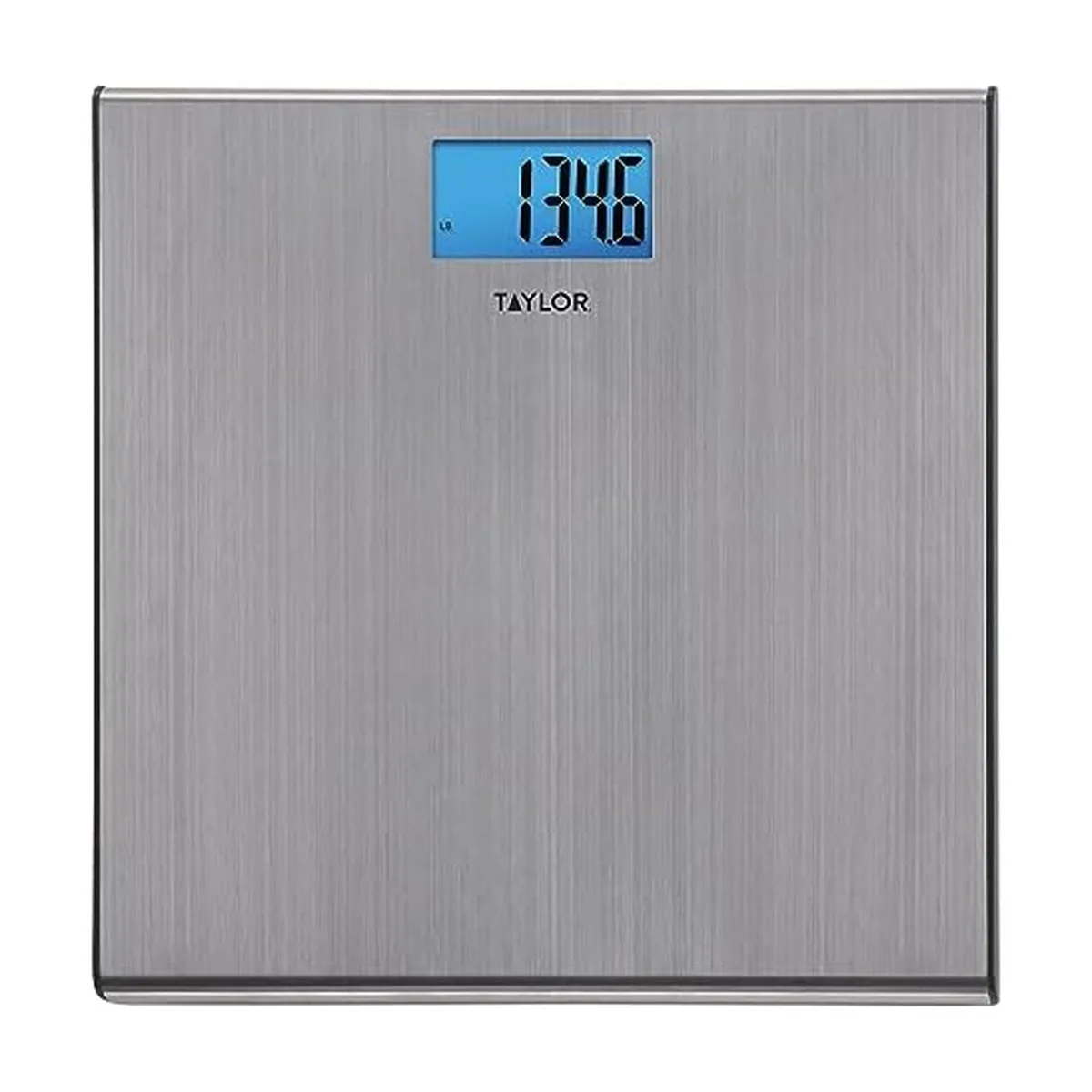 Grey rectangular glass platform with stainless steel edges and blue backlit LCD display