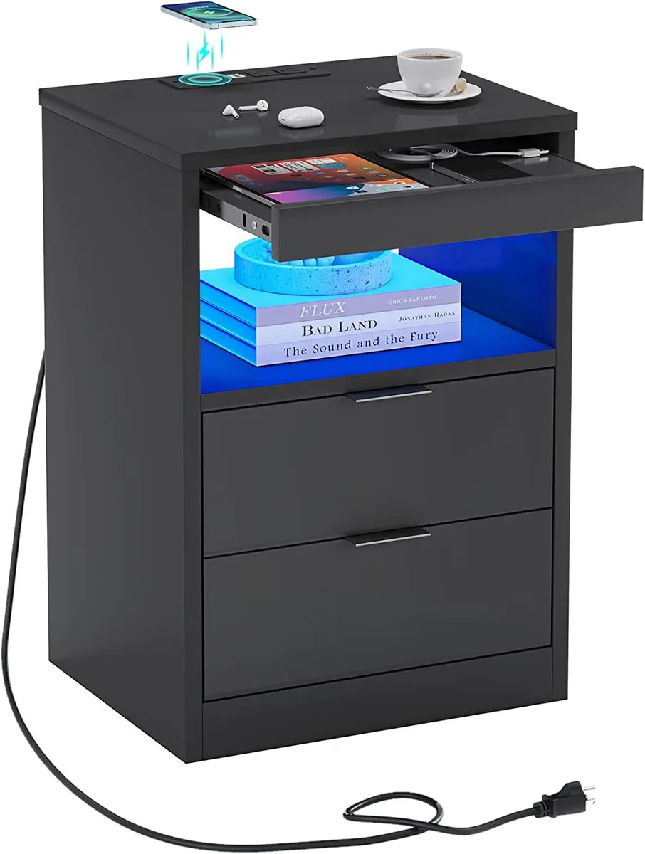 Black rectangular nightstand with two drawers, pull-out shelf, and integrated LED lighting strip