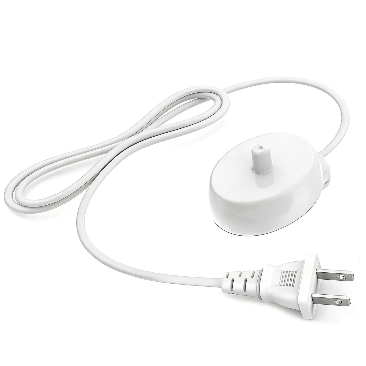 White compact charging base with 3.3 ft cable and wall plug