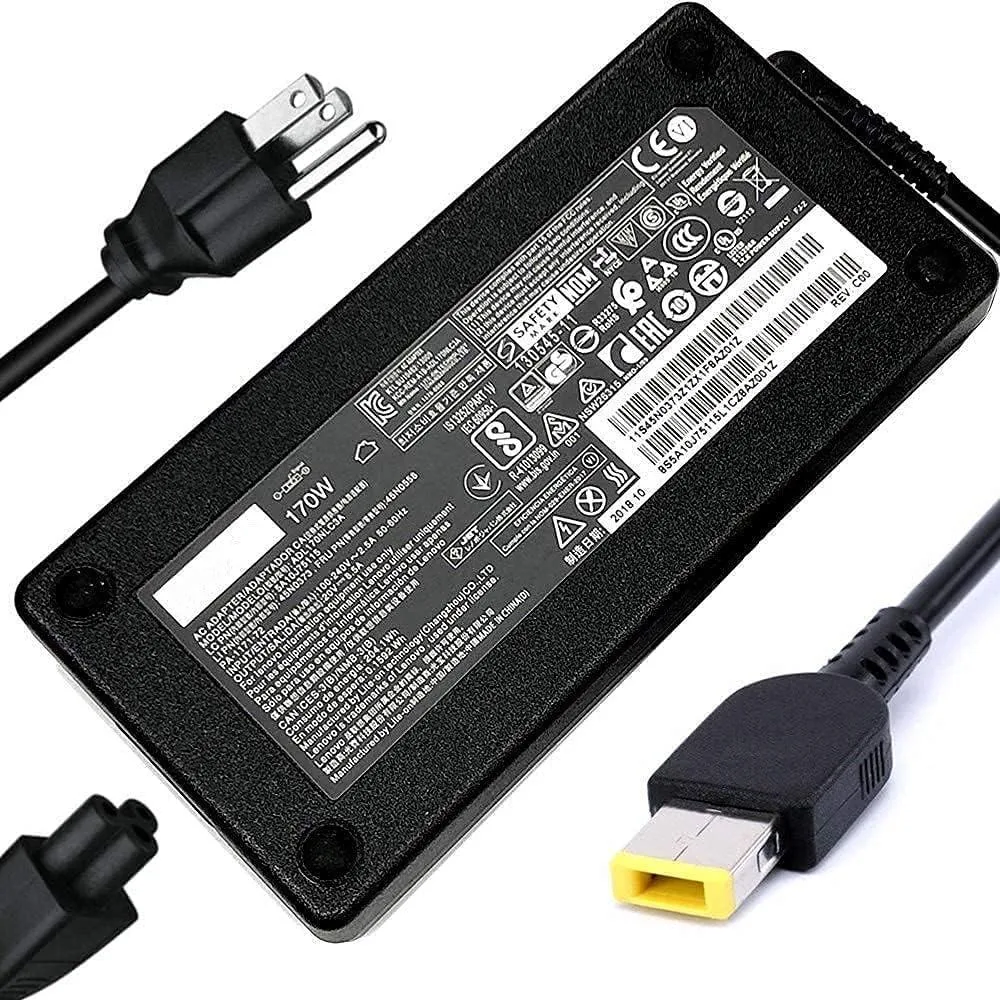 Black rectangular AC adapter brick with rounded edges and Lenovo-style barrel connector