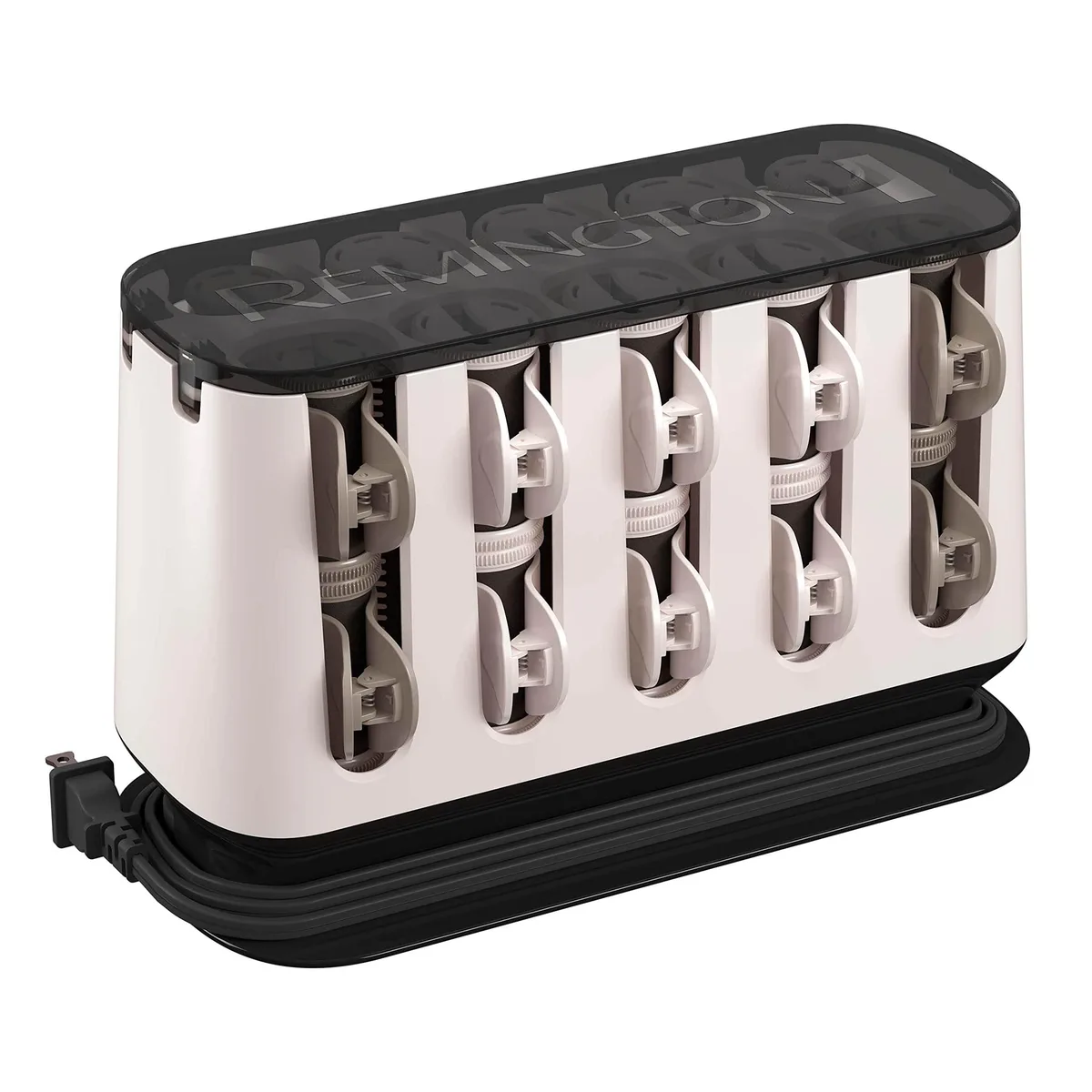 White vertical heated storage case holding 20 ceramic rollers in two sizes with colour-coded clips