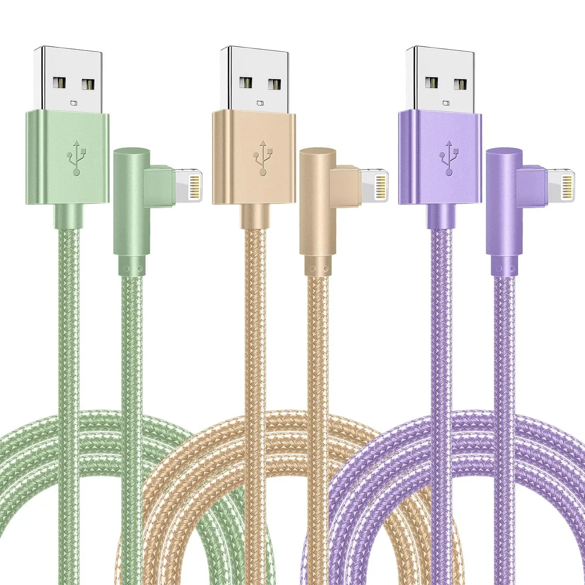 Three ten-foot 90-degree Lightning cables in gold, green and purple nylon braid