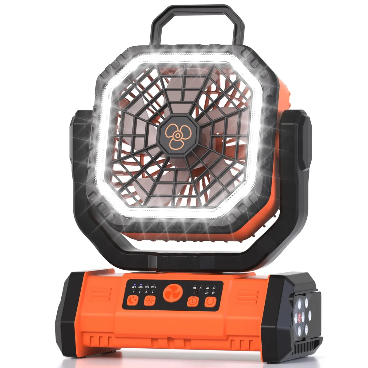 Orange portable rechargeable fan with five blades, LED light, remote and hanging hook