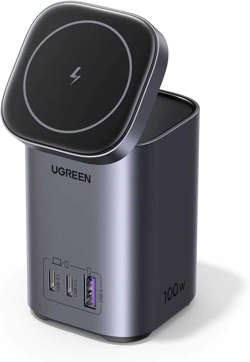 White rectangular desktop charger with foldable MagSafe stand tilted upright, two USB-C ports, one USB-A port, matte finish