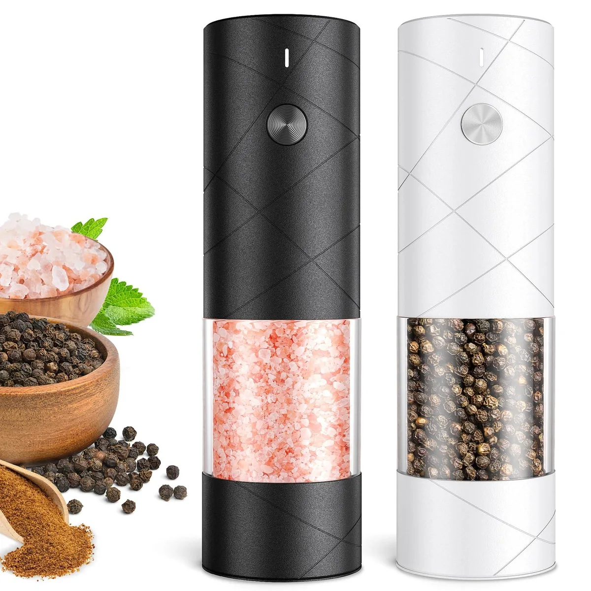 Two silver bamboo electric grinders with transparent chambers and LED lights