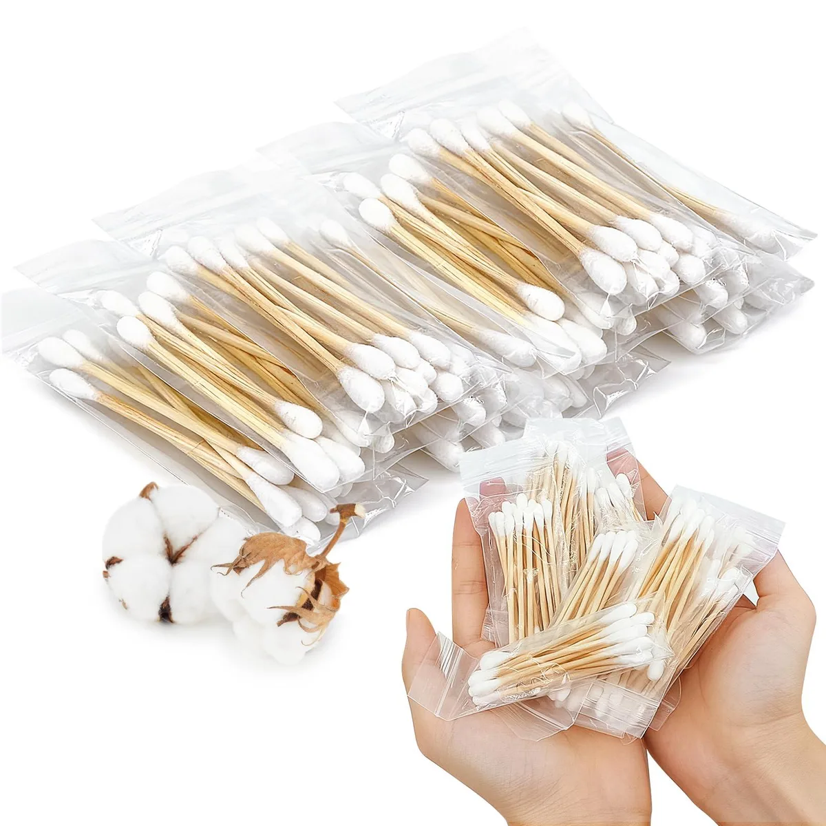 Box of 100 round-tip cotton swabs in resealable bags