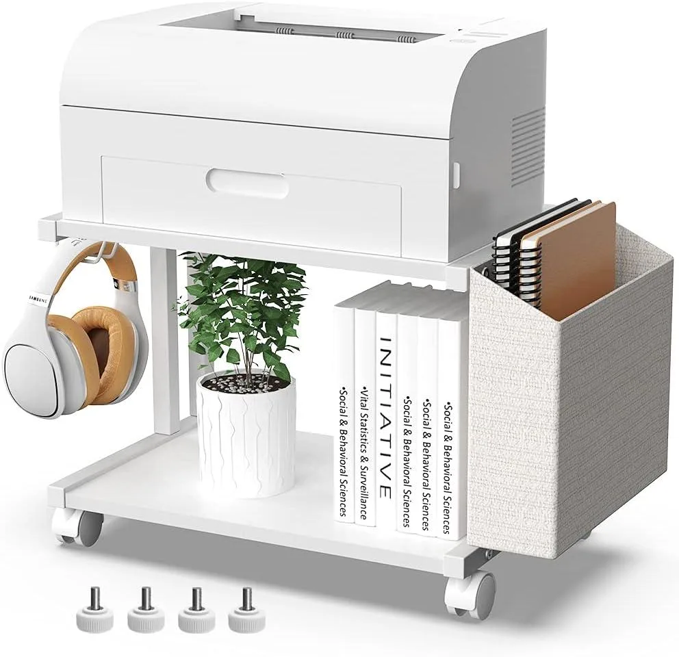 BFKK BFKK 2 Tier White Wooden Printer Stand with Storage Bag and Caster Wheels — product photo